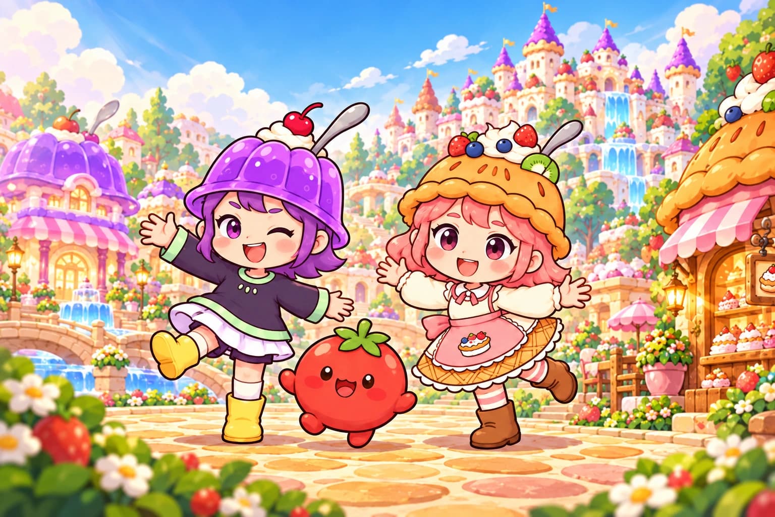 Jello, Sweetpie e Tomtom brincando em frente ao castelo de Yummyville