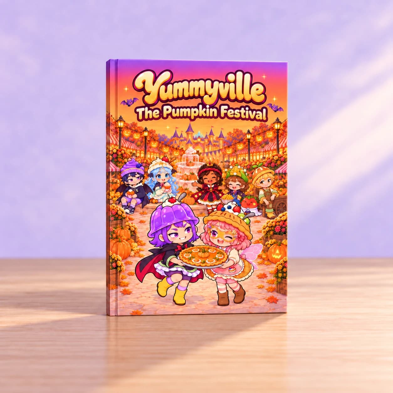 Cover of the book The Pumpkin Festival, with the Yummyville gang in festival costumes