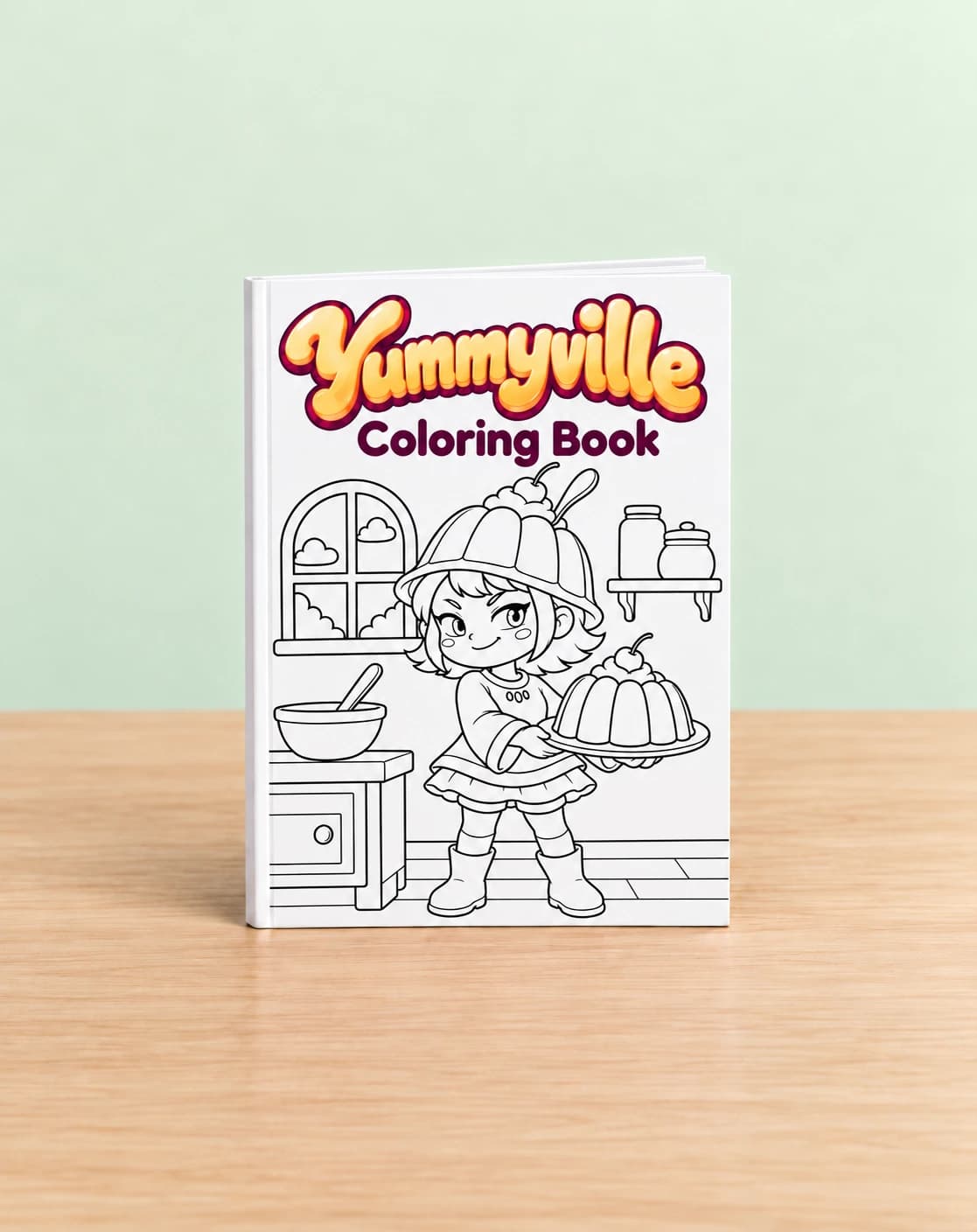 Cover of the Yummyville Coloring Book, with Jello in black and white, ready to color