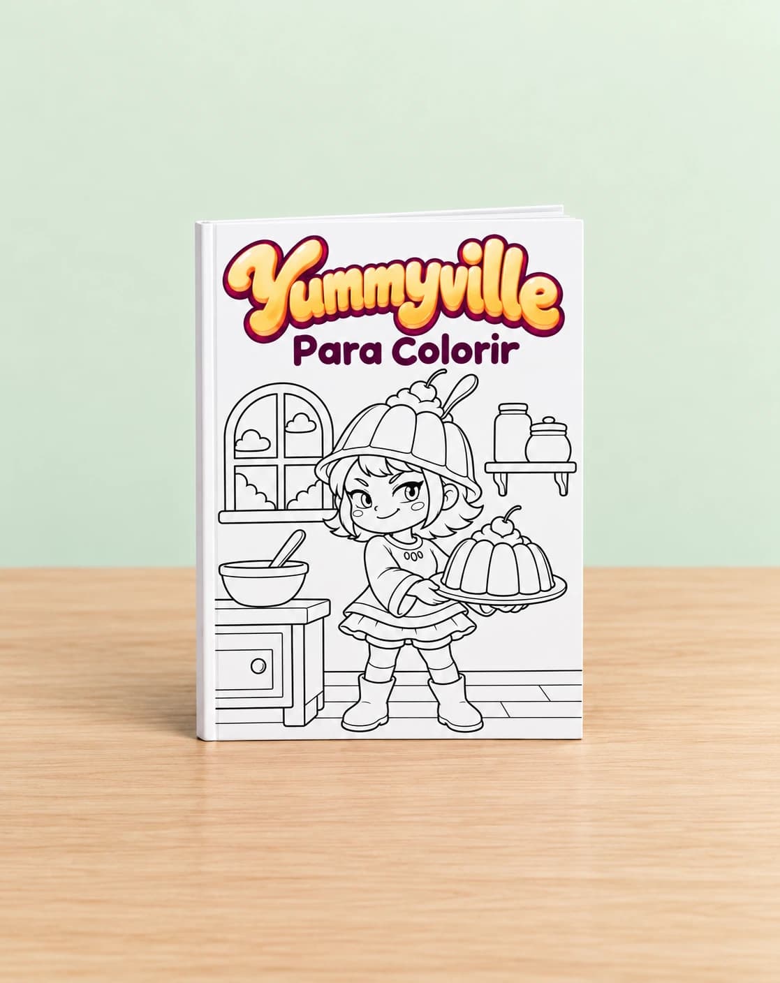 Capa do livro Yummyville para Colorir, com a Jello em preto e branco para pintar