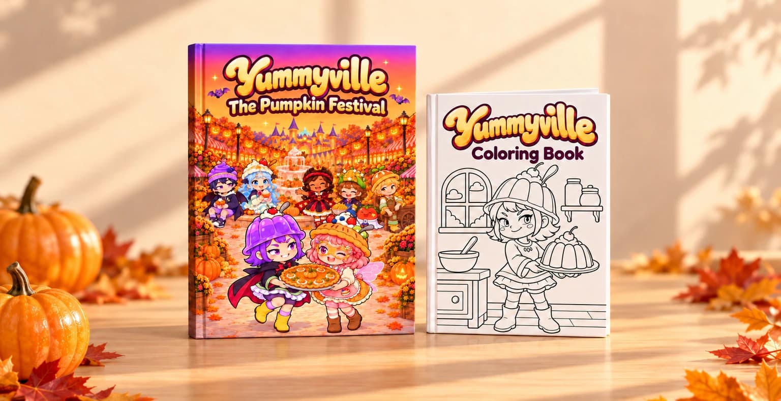 The books The Pumpkin Festival and Yummyville Coloring Book on a table with pumpkins